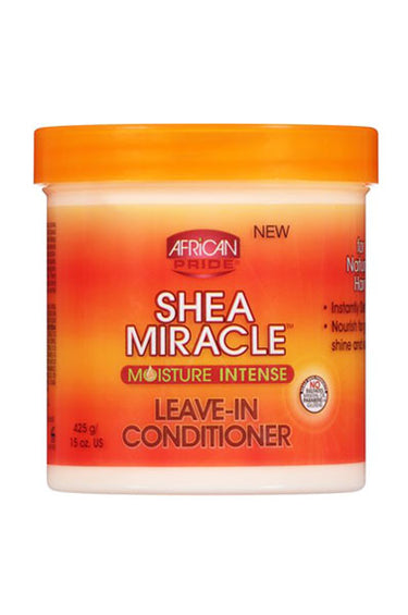 A container of African Pride Shea Butter Leave-In Conditioner, 15OZ, with orange and white labeling.